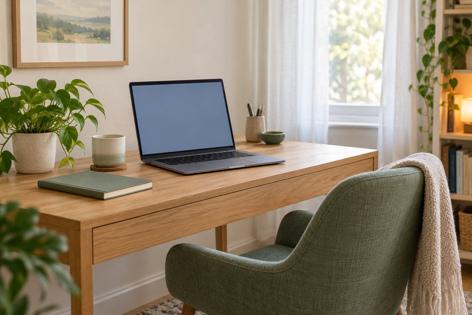 AI-generated illustration of a private home workspace with a laptop, chair, and plants.