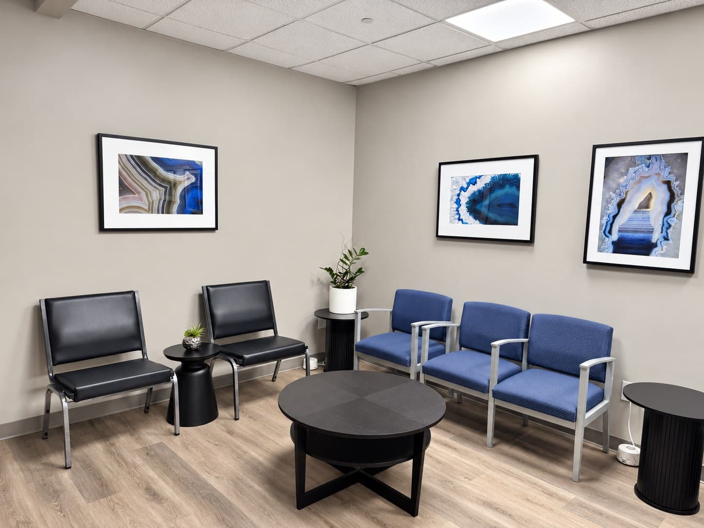 Lott Behavioral Health waiting area with blue and black chairs, tables, plants, and framed artwork.
